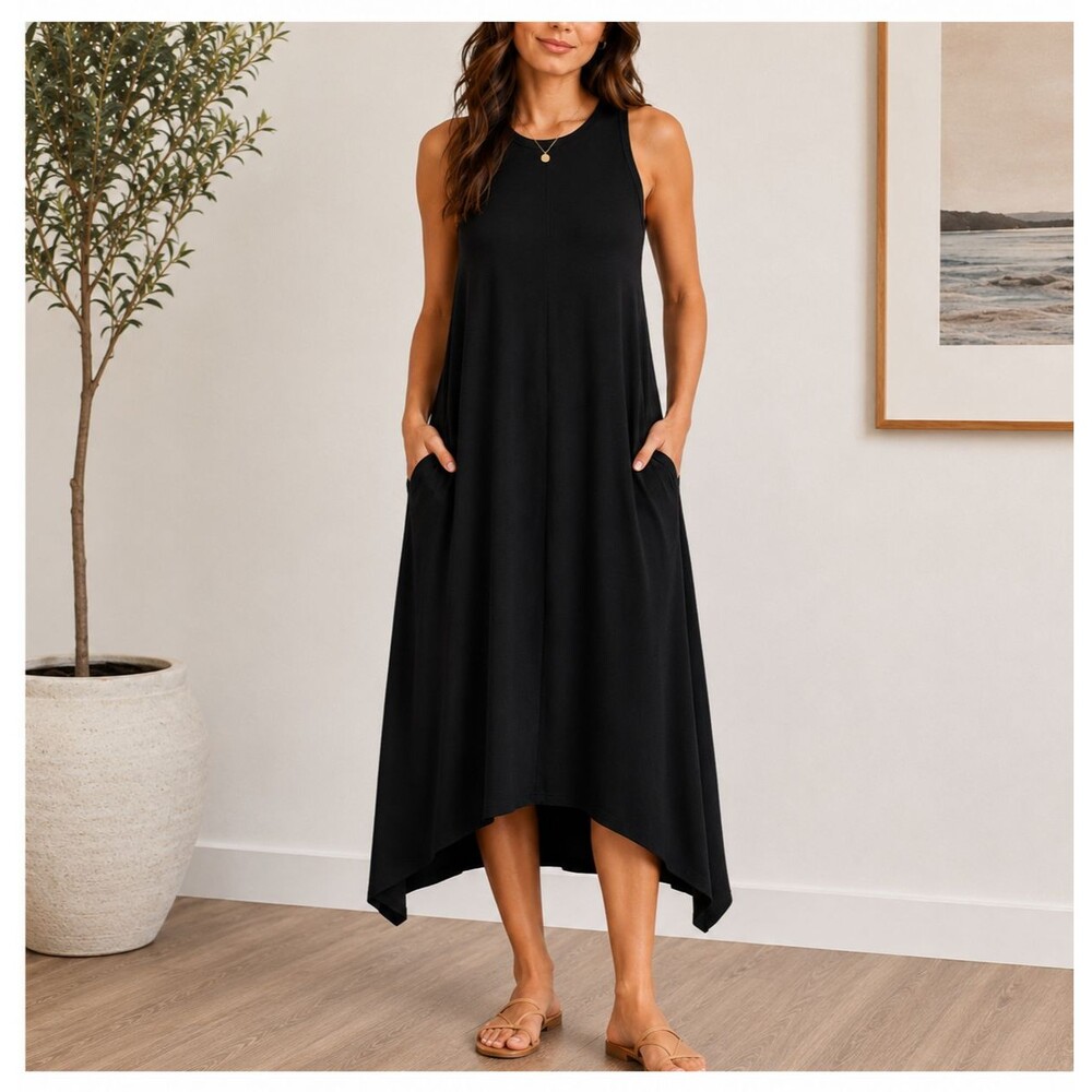 Magaschoni Black Micromodal Swing Dress w/ Pockets Large
